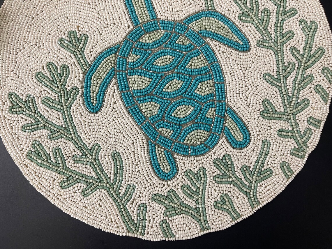 Handmade Beaded Placemat Turtles Design Tablemat 14 Inch Etsy