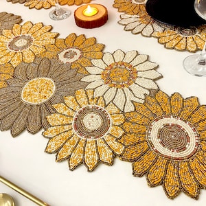 Handmade bead table runner and placemat, sunflower beaded runner