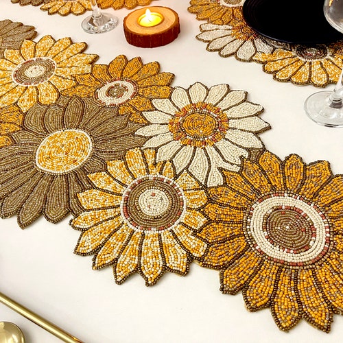Sunflower Bead Runner Handmade Table Runner Beaded Table Etsy