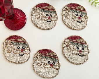 Beaded Santa Coasters - Set of 6 Christmas Drink Coasters