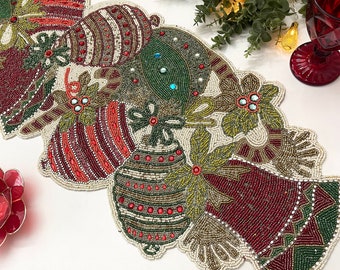 Handmade Christmas table runner, beaded runner, centerpiece multi colour, 13x36inch