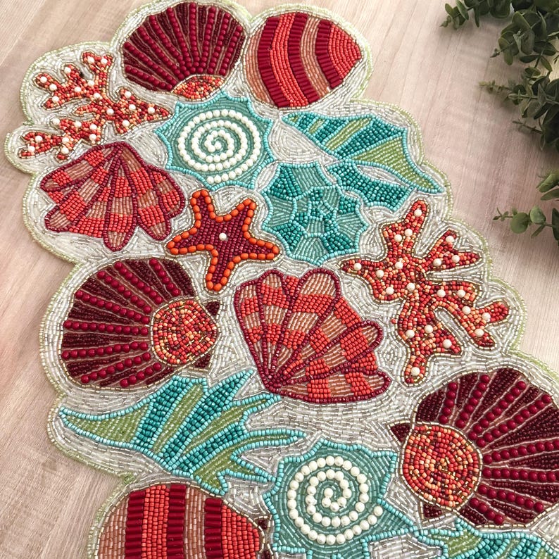 Runner Seashell Handmade Beaded Table Runner: Coral & Seashell Colorful Design (13x36 ...