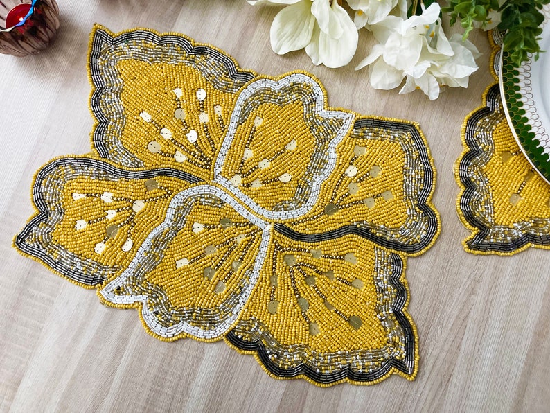 Handmade Beaded Placemat Tablemat 14 Inch Yellow Gold Grey Etsy