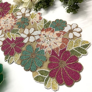 Table runner, handmade beaded spring runner, floral, 13x36inch, multicolour