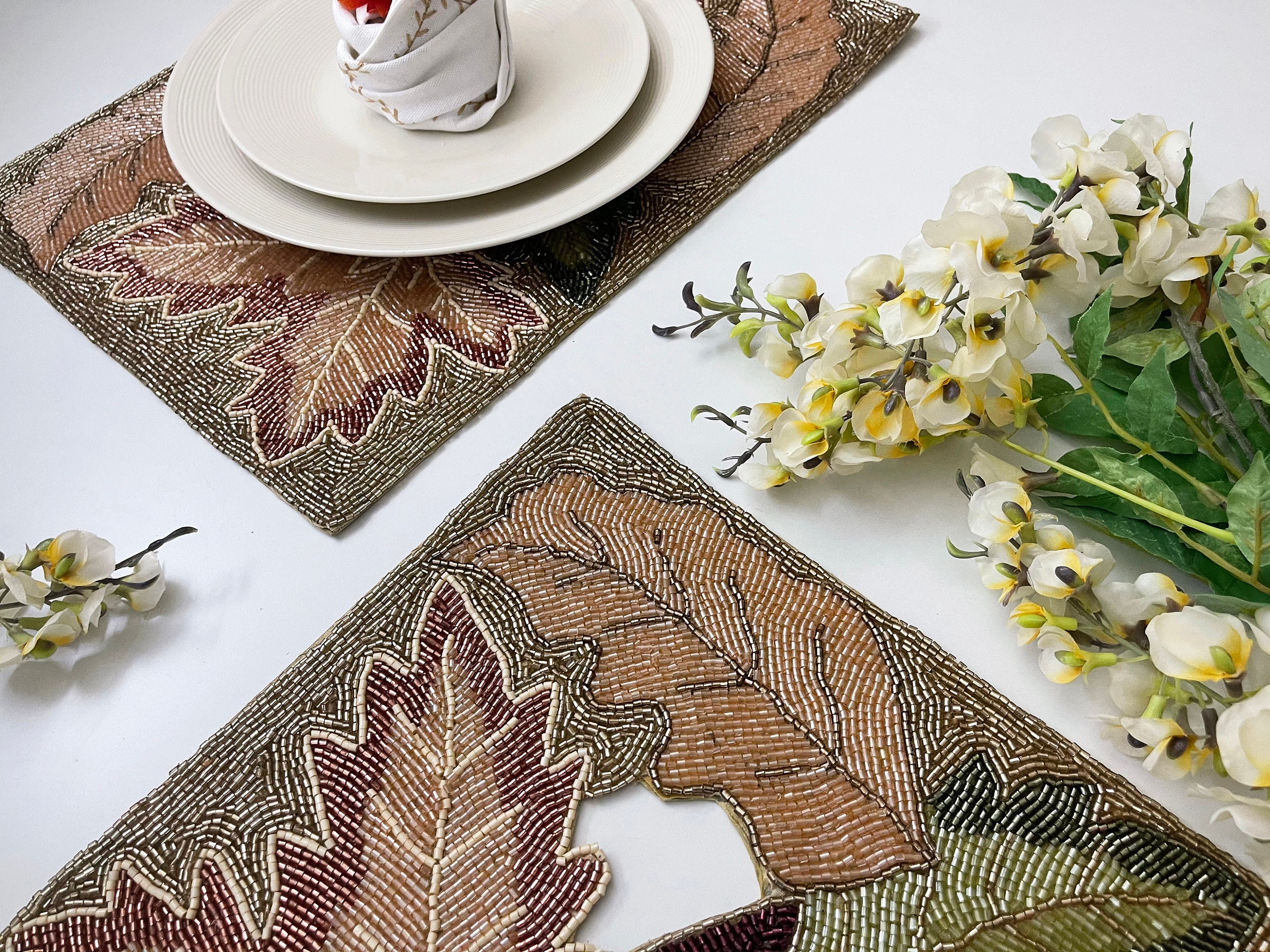 Set of 2 handmade beaded placemat maple leaf table mat bead Etsy