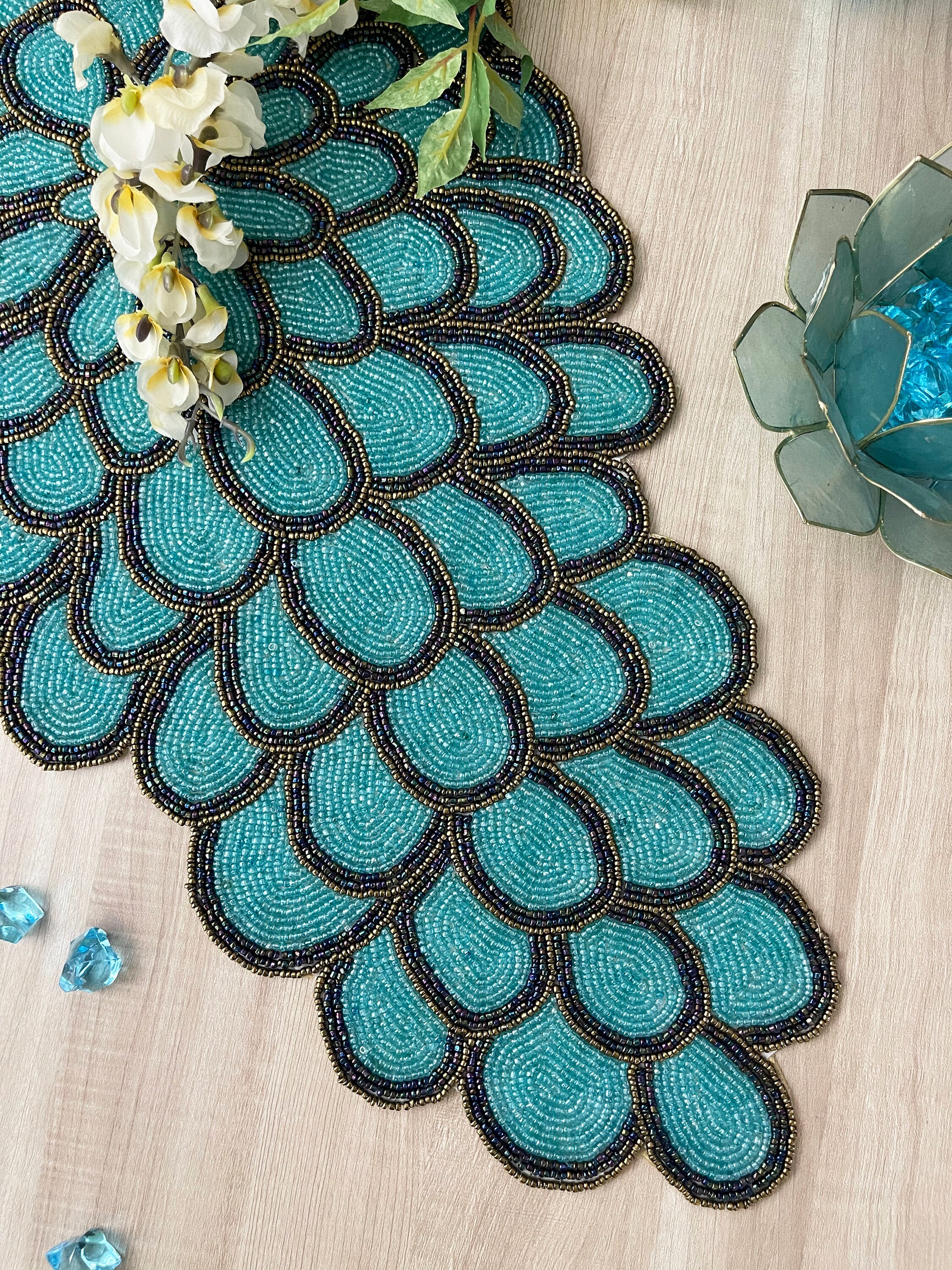 Handmade Bead Table Runner, Teal Peacock Floral Beaded Runner ...