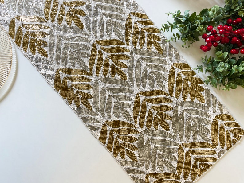 Handmade Table Runner, Gold and Silver on White, Hand Beaded Runner ...