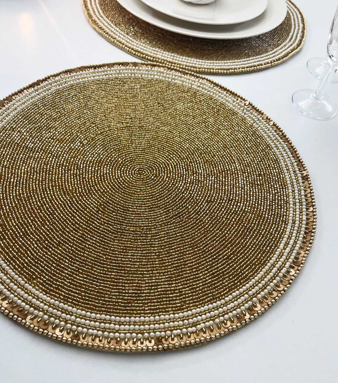 Two Handmade bead sequin placemat 14 inch golden charger Etsy