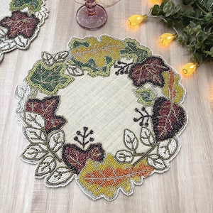 Handmade beaded fall placemat, Maple leaf tablemat on burlap, 14 inch, charger plate