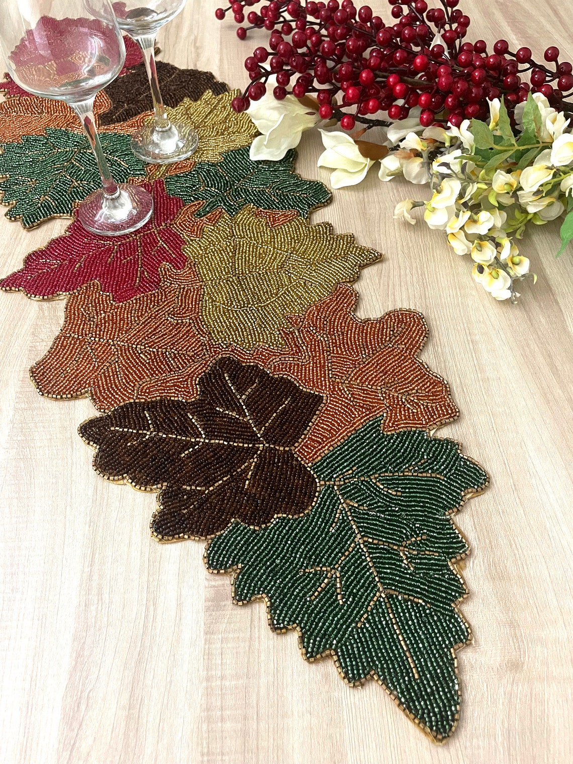 Handmade table runner beaded runner leaf bead runner Etsy