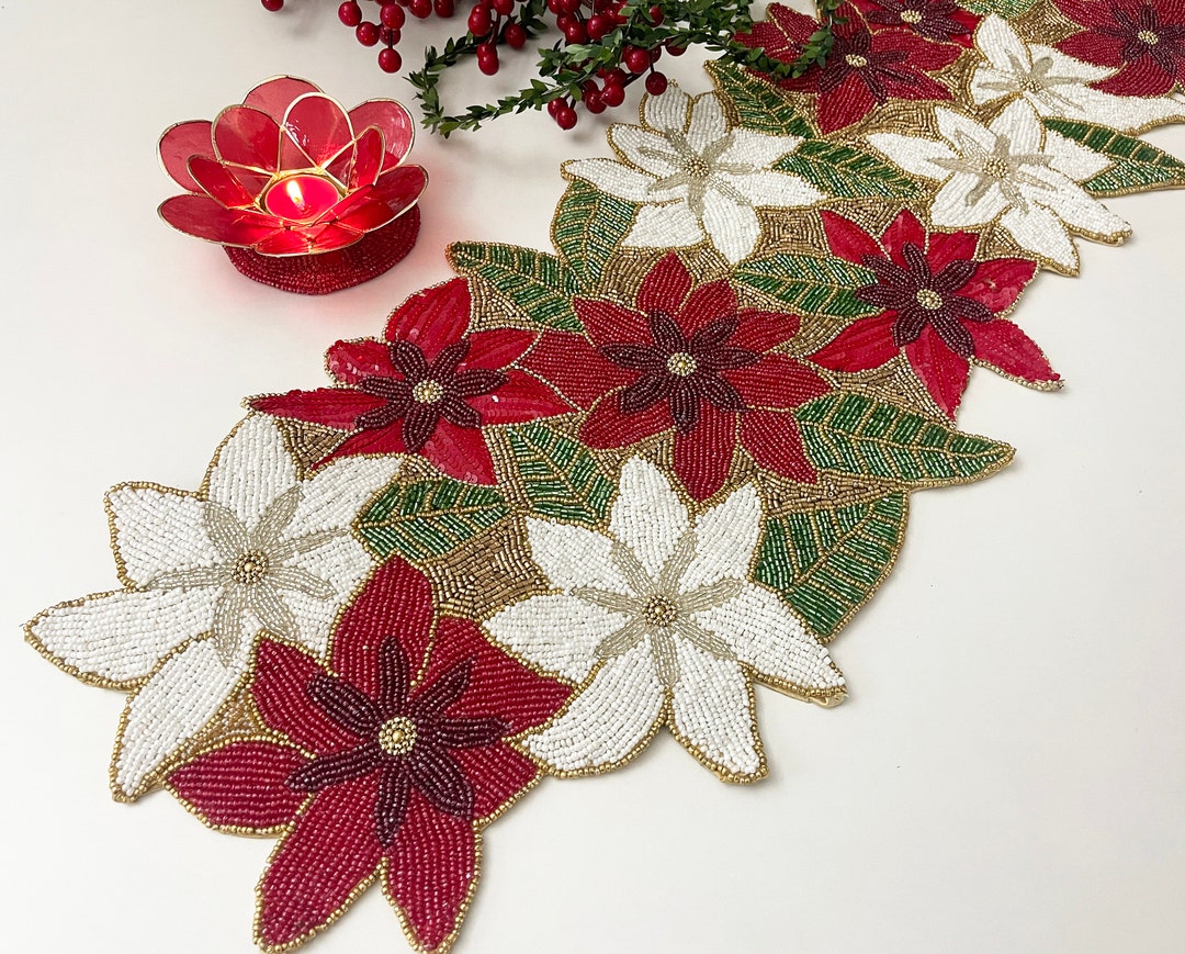 Handmade Beaded Floral Table Runner: Christmas Poinsettia Decor (13x36 ...