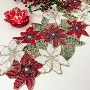 Handmade Beaded Floral Table Runner: Christmas Poinsettia Decor (13x36 inch)