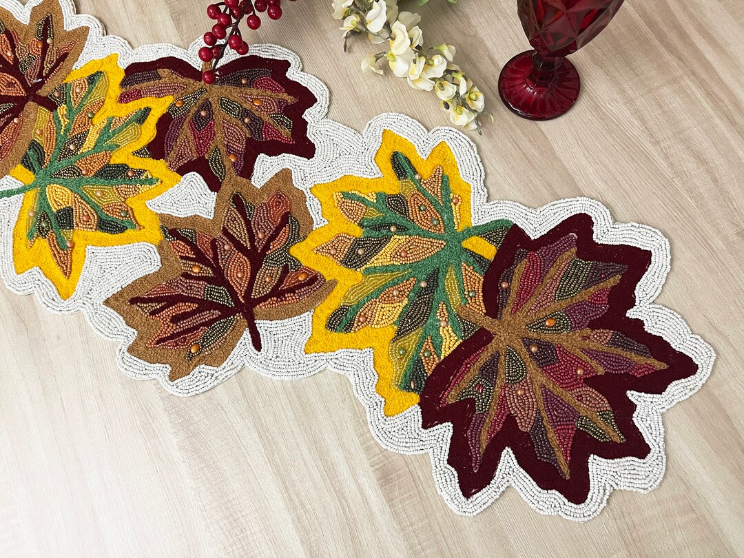 Handmade Beaded Table Runner: Multicolored Maple Leaf Design (13x36 ...