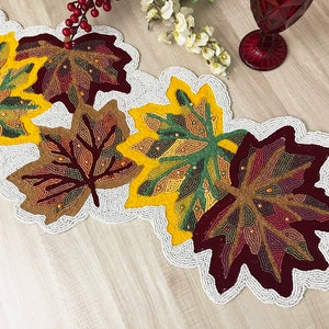 Handmade Beaded Table Runner: Multicolored Maple Leaf Design (13x36 inch)