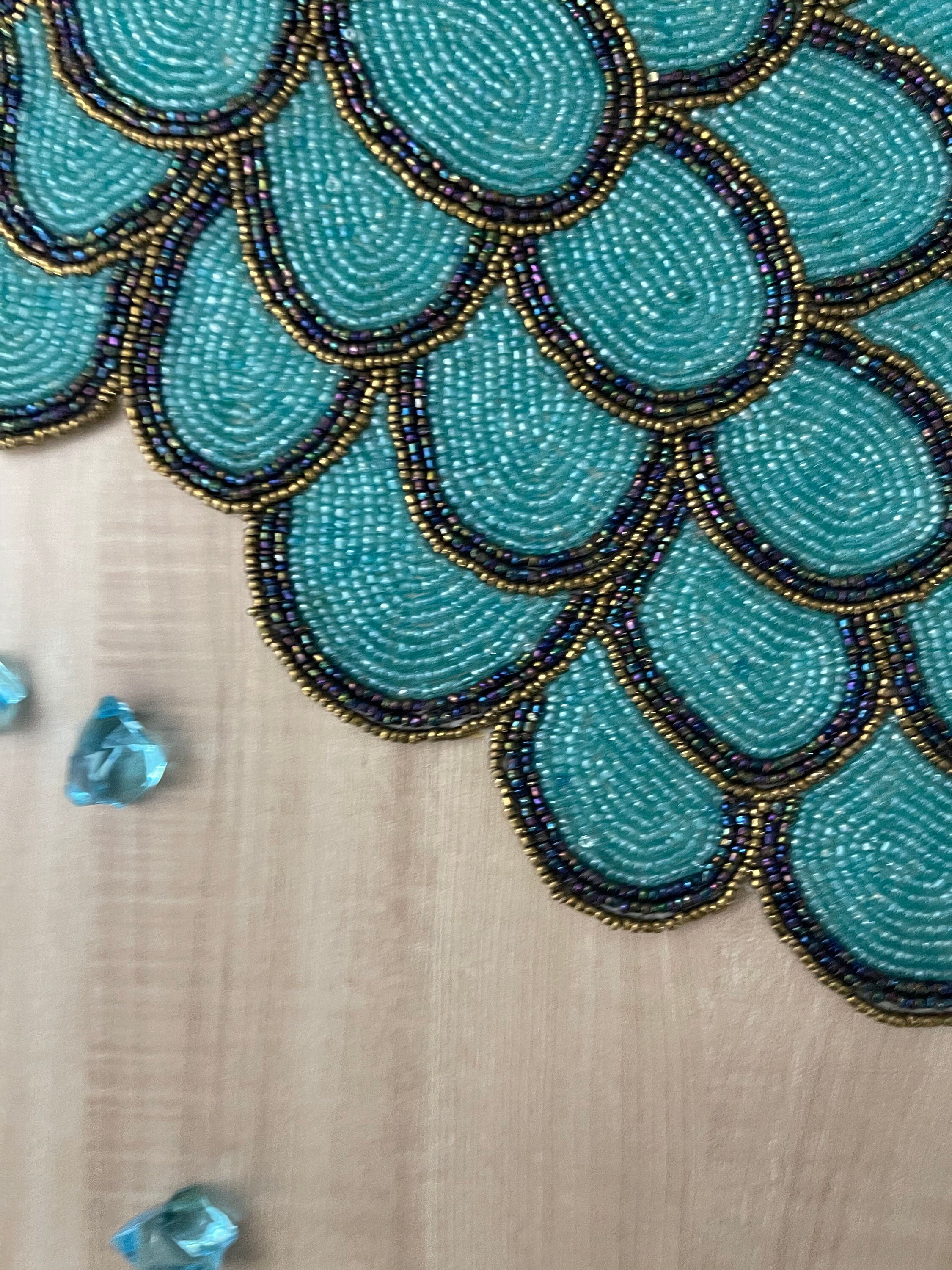 Handmade Bead Table Runner, Teal Peacock Floral Beaded Runner ...