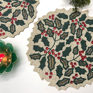 Handmade Beaded Christmas Placemat: Holly Berry Table Mat
