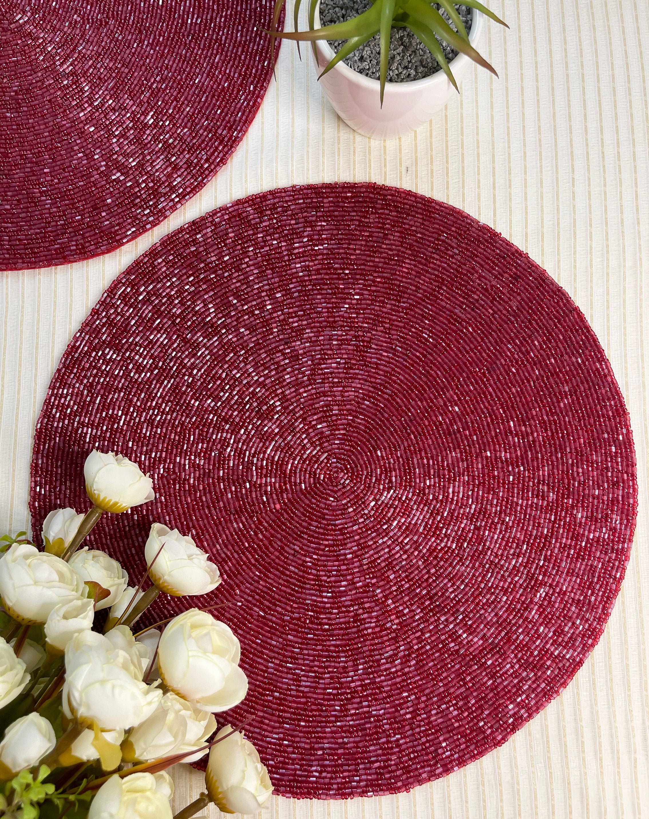 Handmade beaded placemat tablemat 14 inch berry red bead Etsy