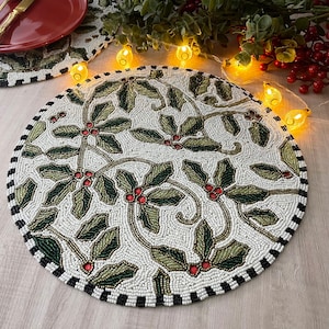 Christmas holly berry, beaded placemat, 14 inch, gifts