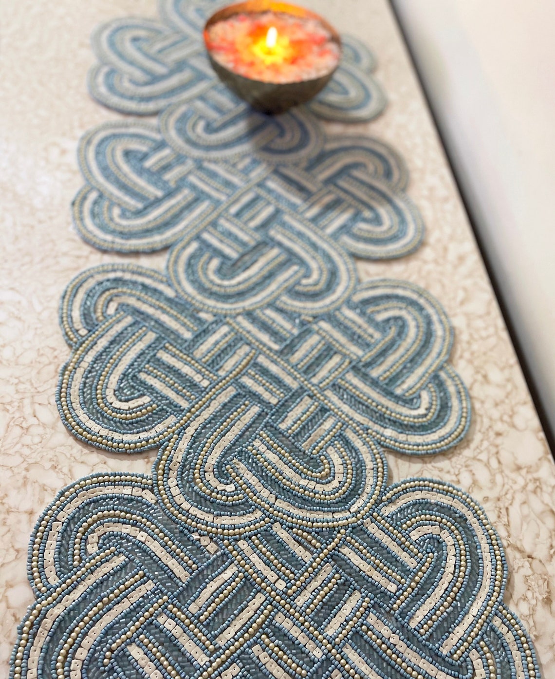 Handmade Aqua Blue Celtic Knot Hand Beaded Table Runner Etsy