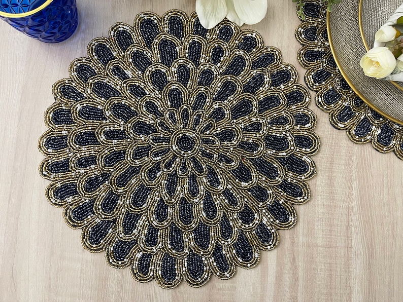 Handmade Placemat Beaded Round Table Placemat Navy Blue Etsy