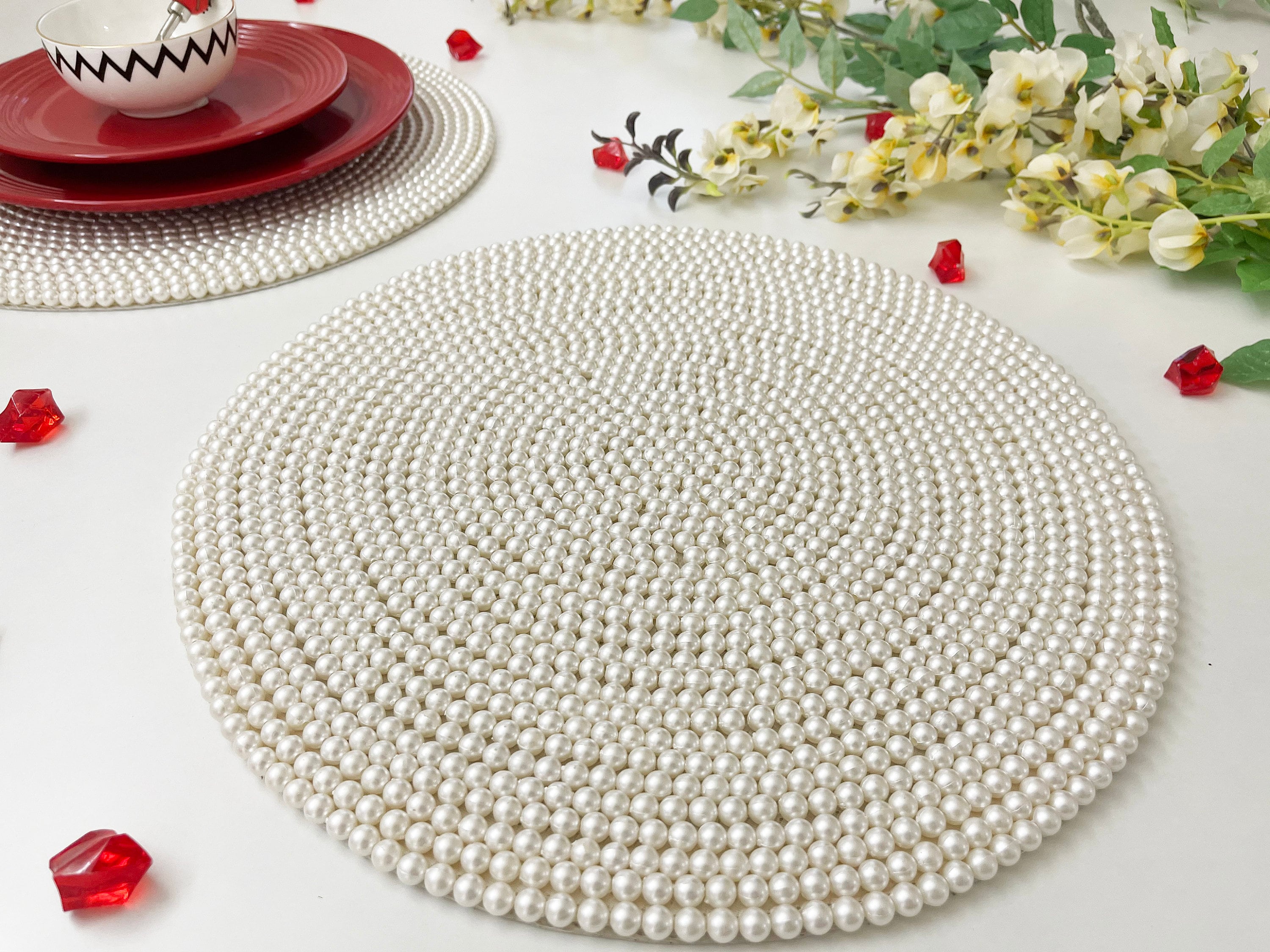 Handmade Beaded Placemat Tablemat 14 Inch White Pearl Etsy