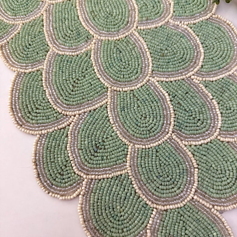 Handmade Bead Table Runner, Floral Beaded Runner, Sage Green, 13x36inch ...
