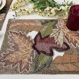 Set of 2, handmade beaded placemat, maple leaf table mat, bead charger 