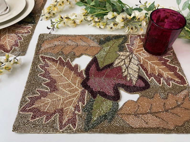 Set of 2 Handmade Beaded Placemat Maple Leaf Table Mat Bead Etsy