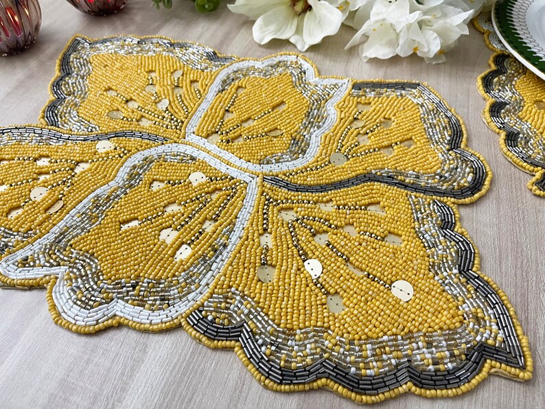 Handmade Beaded Placemat Tablemat 14 Inch Yellow Gold Grey Etsy