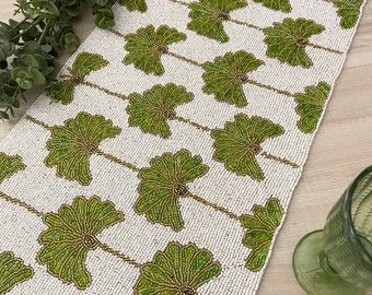 Handmade beaded Green and white table runner and placemat set, Spring decor