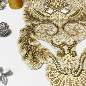 Handmade Table Runner, Beaded Table Runner, Gold & Cream Beads ...