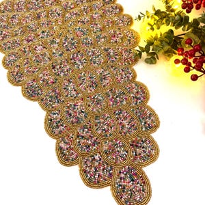 Handmade bead table runner, floral beaded runner, multicolour, 13x36inch