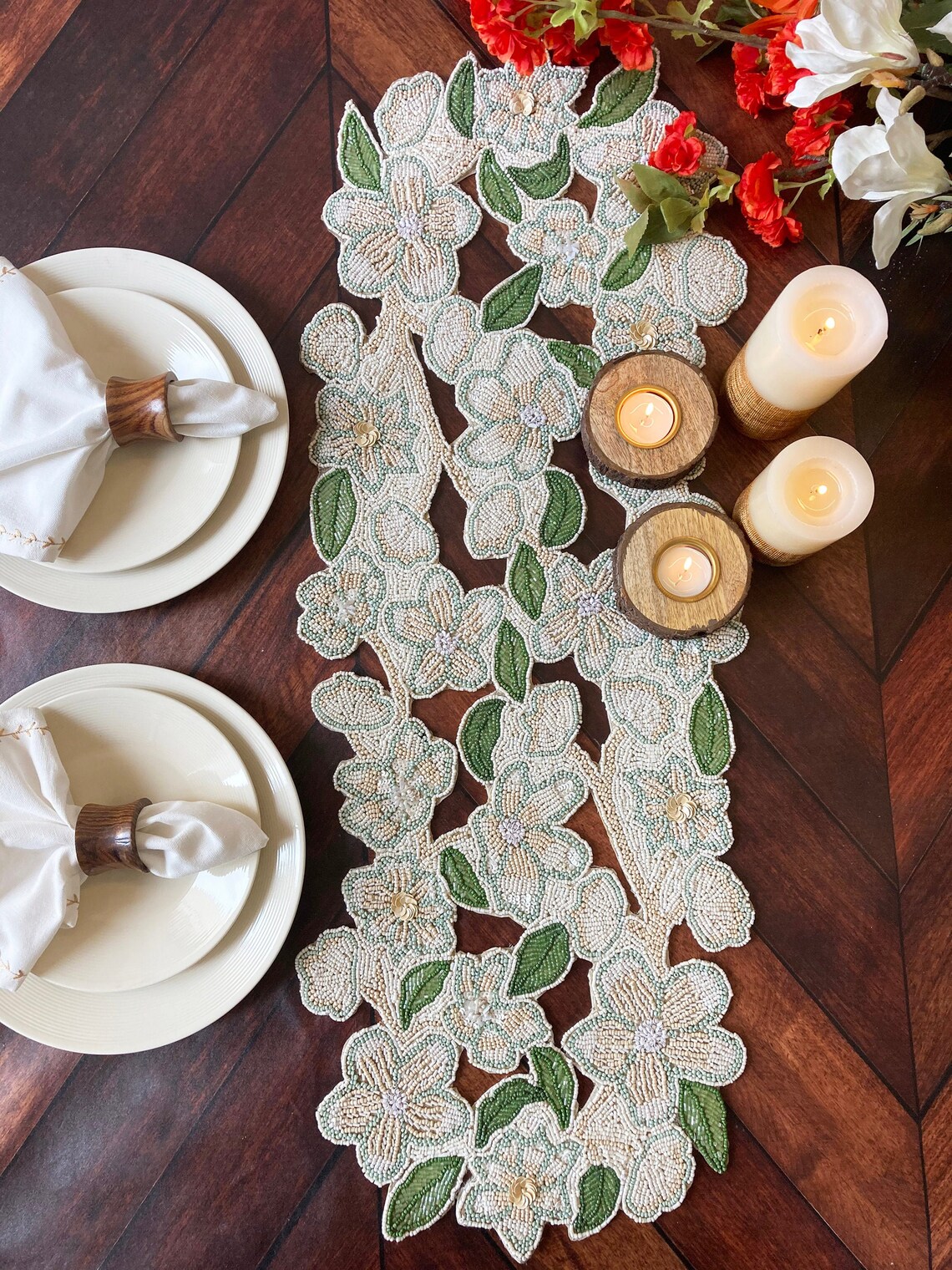 Handmade table runner beaded runner floral cutwork bead Etsy