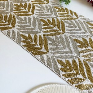 Handmade Table Runner, Gold and Silver on White, Hand Beaded Runner ...