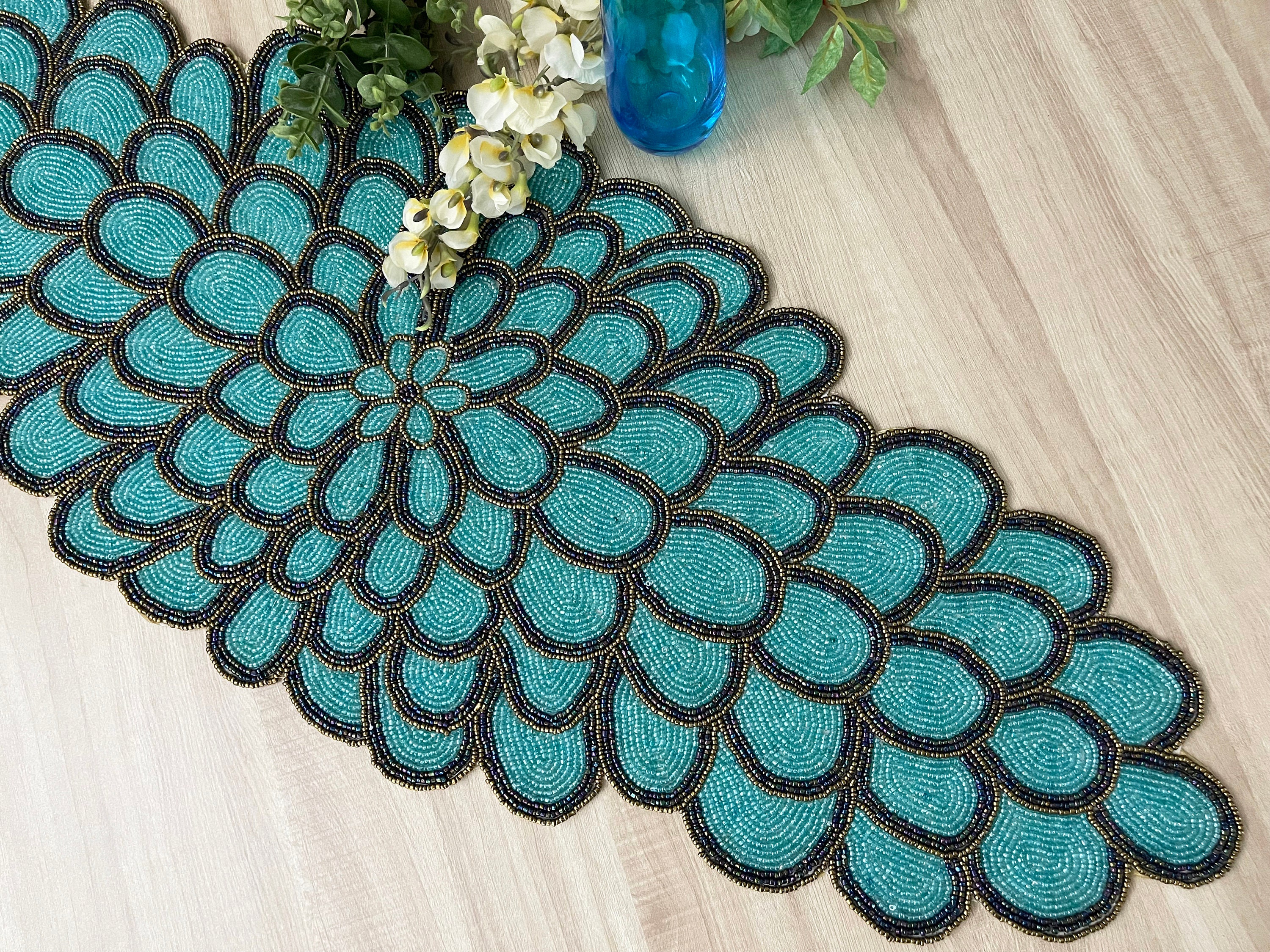 Handmade Bead Table Runner, Teal Peacock Floral Beaded Runner ...
