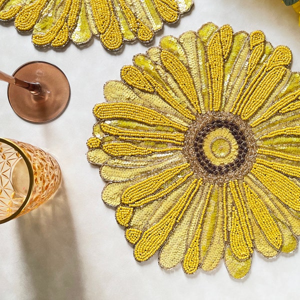 Handmade beaded placemat, floral yellow tablemat, 14 inch, charger plate