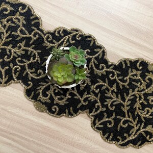 Handmade Beaded Table Runner: Black & Gold Floral Decor - Etsy