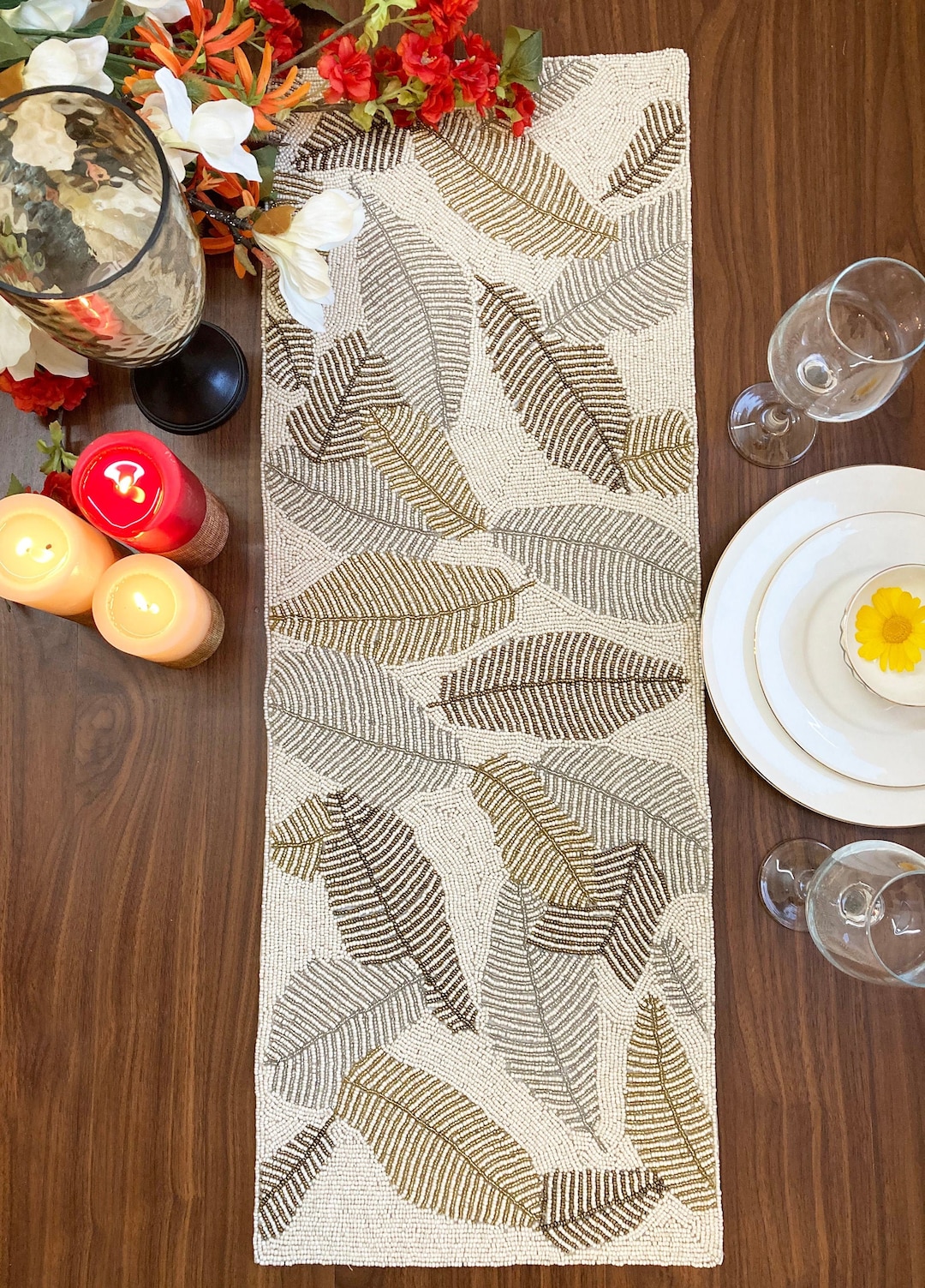 Handmade Beaded Table Runner: Leaf Design, 13x36 Inch - Etsy