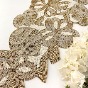 Handmade Christmas table runner, beaded runner, centerpiece cream gold, 13x36inch