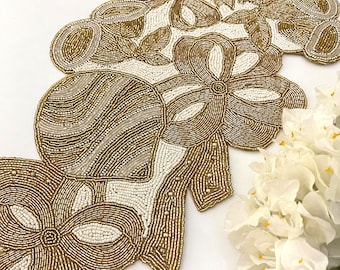 Handmade Christmas table runner, beaded runner, centerpiece cream gold, 13x36inch