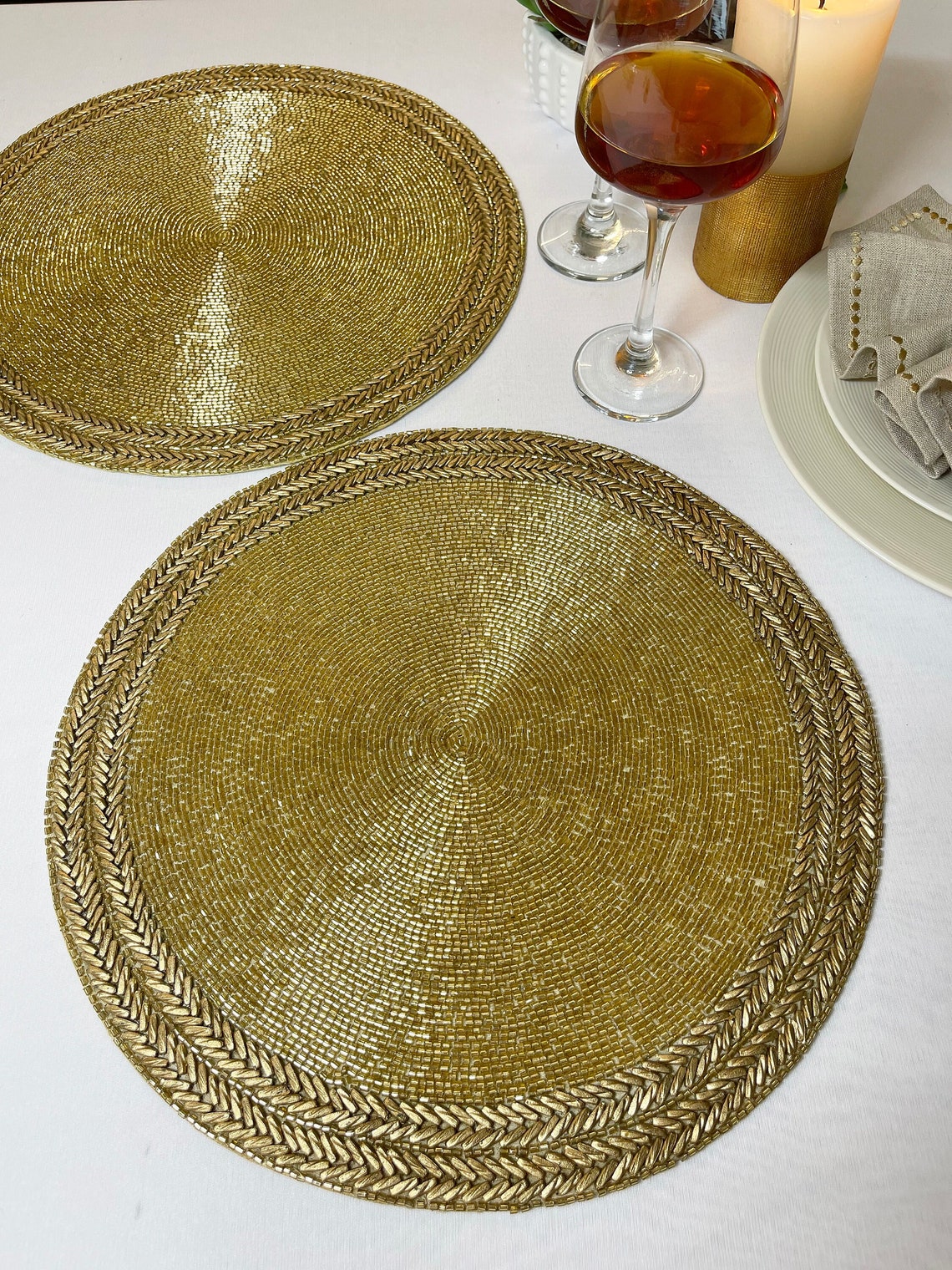 Handmade beaded placemat beaded tablemat 14 inch gold bead Etsy