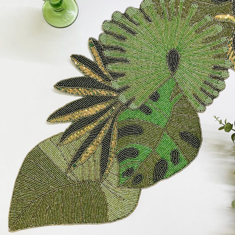 Handmade Beaded Leaf Table Runner: Multicolour Sequin Decor (13x36 Inch ...