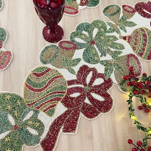 Handmade Christmas table runner, beaded runner, multi colour, 13x36inch