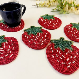 Set of 6 coasters, drink coasters, strawberry beaded coasters, gift for her, housewarming gift image 7