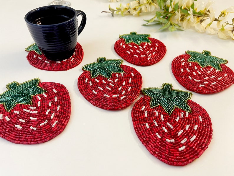 Set of 6 coasters, drink coasters, strawberry beaded coasters, gift for her, housewarming gift image 7