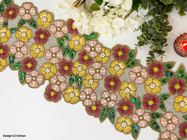 Handmade Beaded Spring Table Runner Colour Flowers Bed Etsy