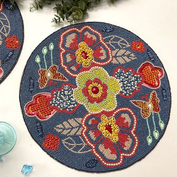 Handmade placemat, living room table decoration, floral beaded tablemat