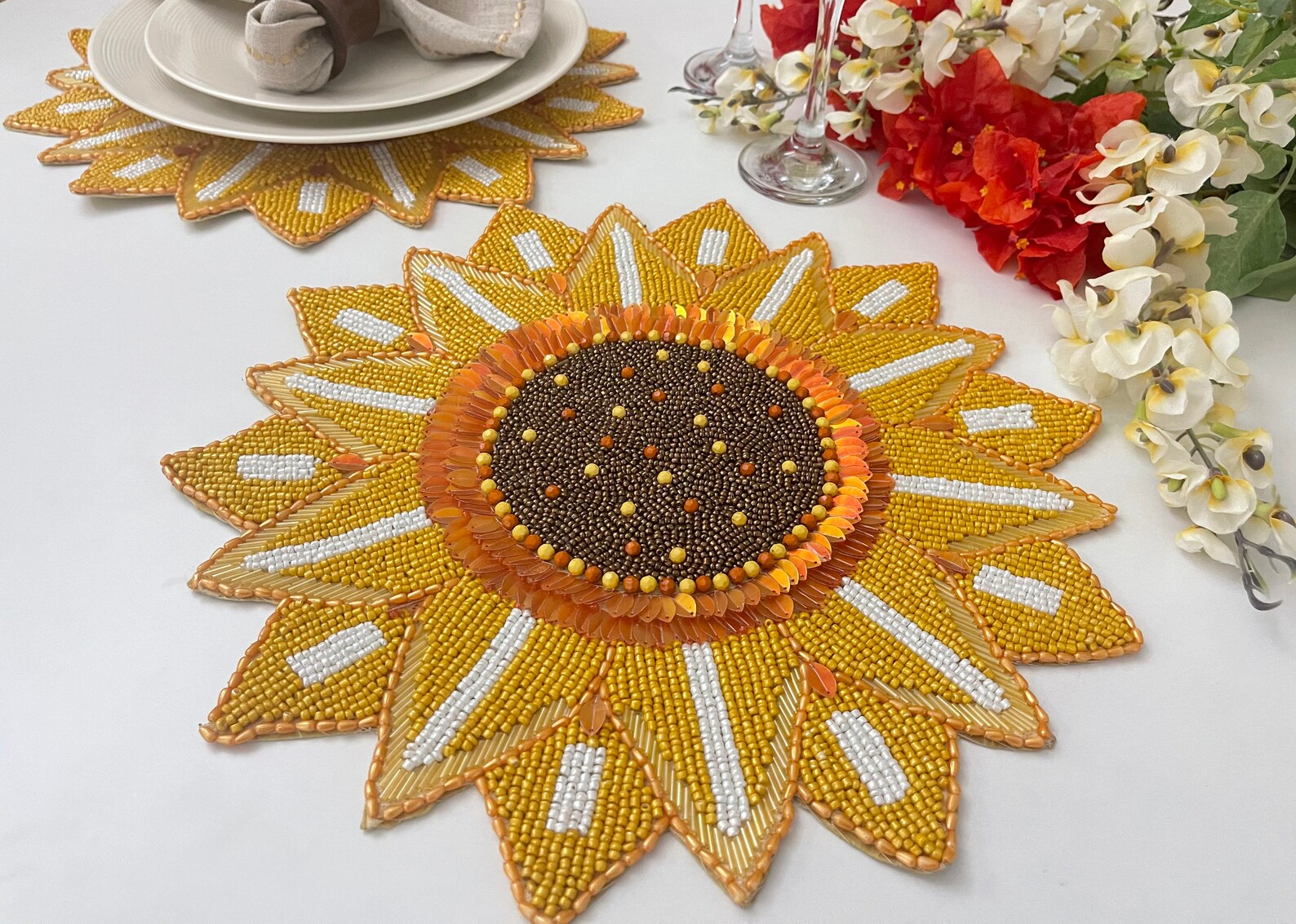 Handmade Beaded Placemat Sunflower Tablemat 14 Inch Charger Etsy