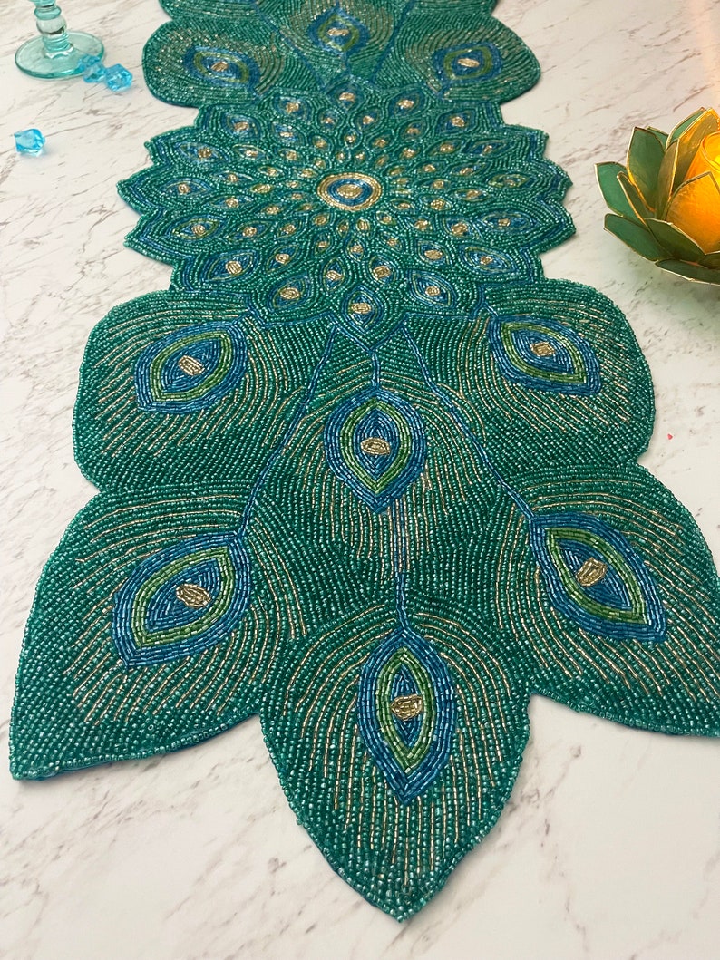 Handmade Bead Table Runner Peacock Design Beaded Runner 13x36 Etsy