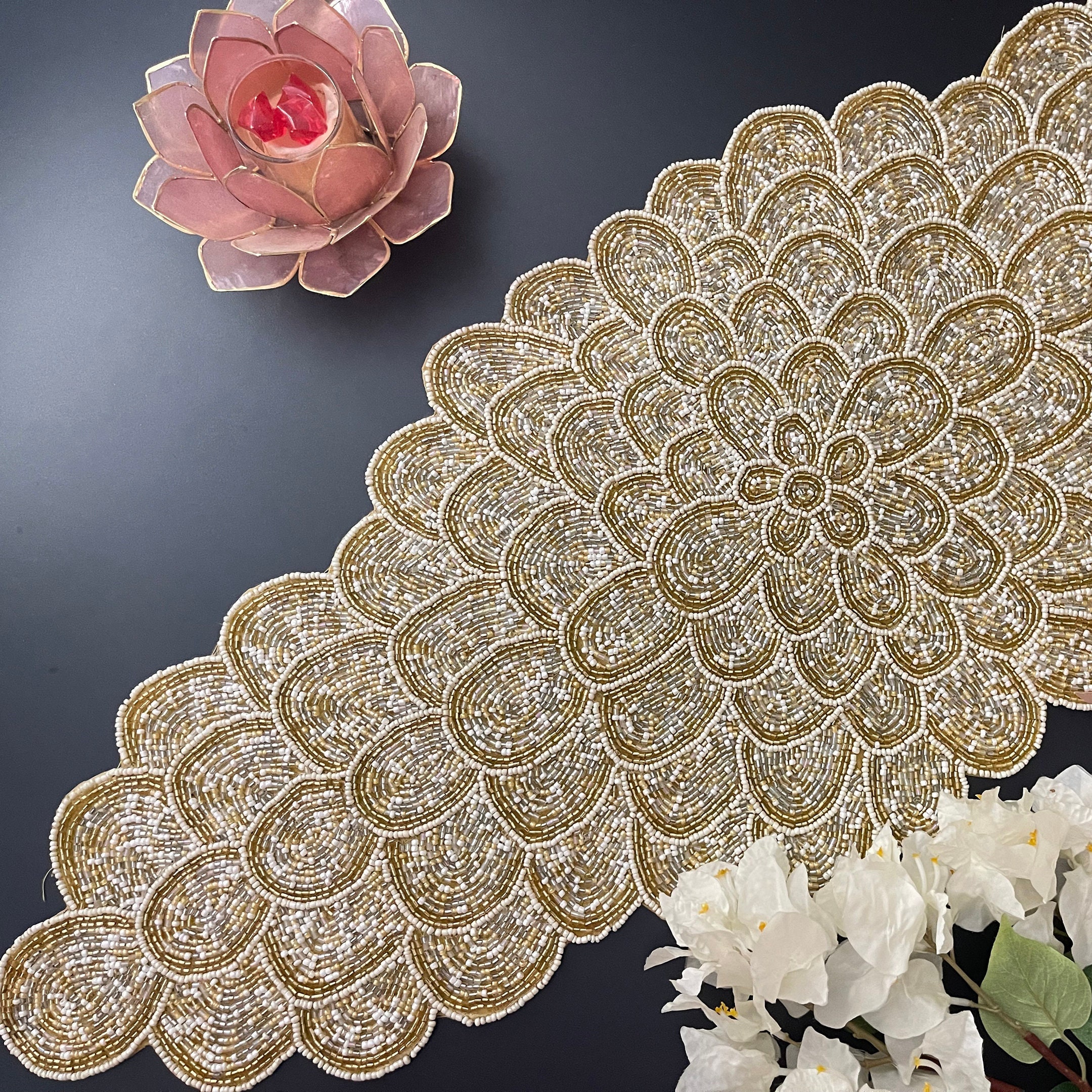 Handmade Bead Table Runner, Peacock Floral Beaded Runner, Gold, Silver ...